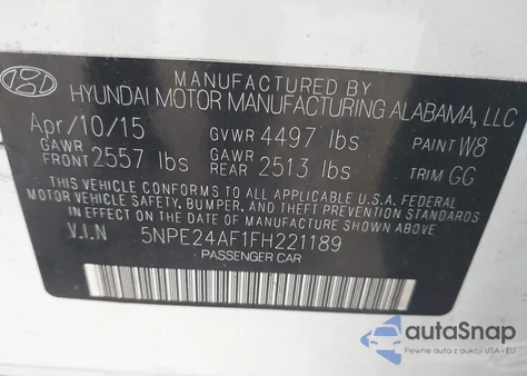 2015 Hyundai Sonata Se z USA, uszkodzony, nr VIN 5NPE24AF1FH221189